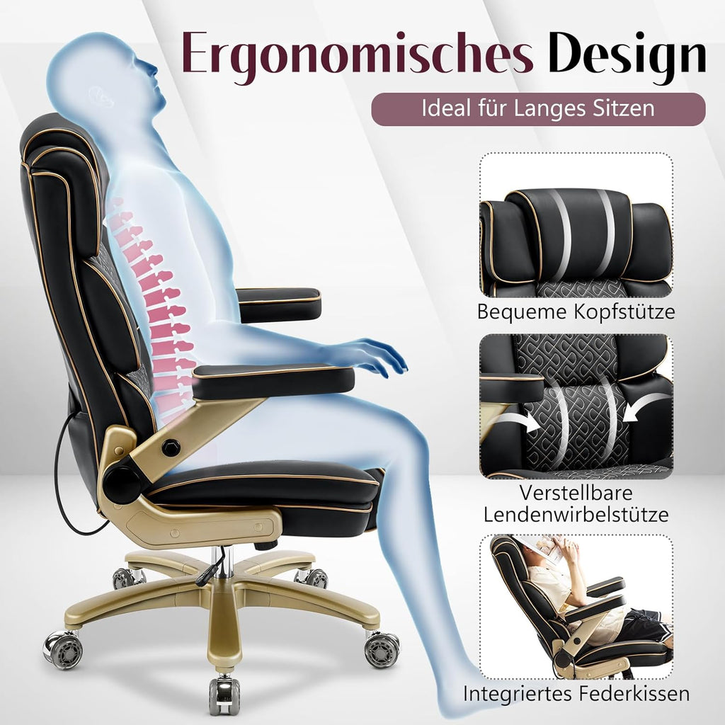 Silla de oficina Big and Tall de 230 kg, sillón ejecutivo ergonómico de piel con asiento cómodo, reposabrazos 5D, soporte lumbar ajustable, respaldo alto, silla giratoria grande para oficina en casa, negro