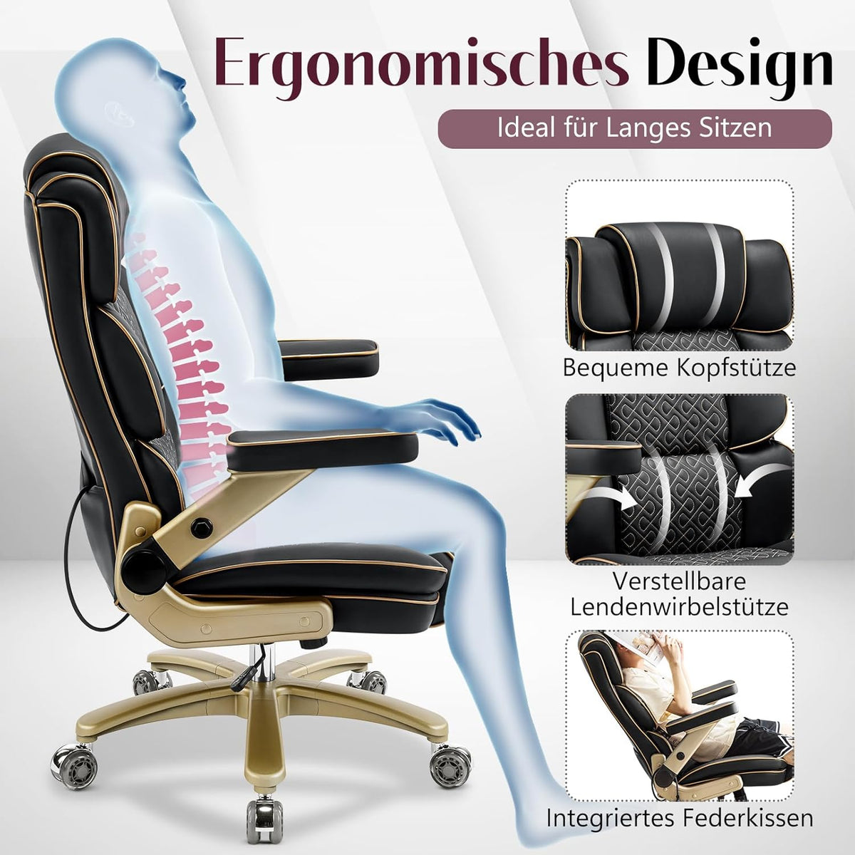 Silla de oficina Big and Tall de 230 kg, sillón ejecutivo ergonómico de piel con asiento cómodo, reposabrazos 5D, soporte lumbar ajustable, respaldo alto, silla giratoria grande para oficina en casa, negro