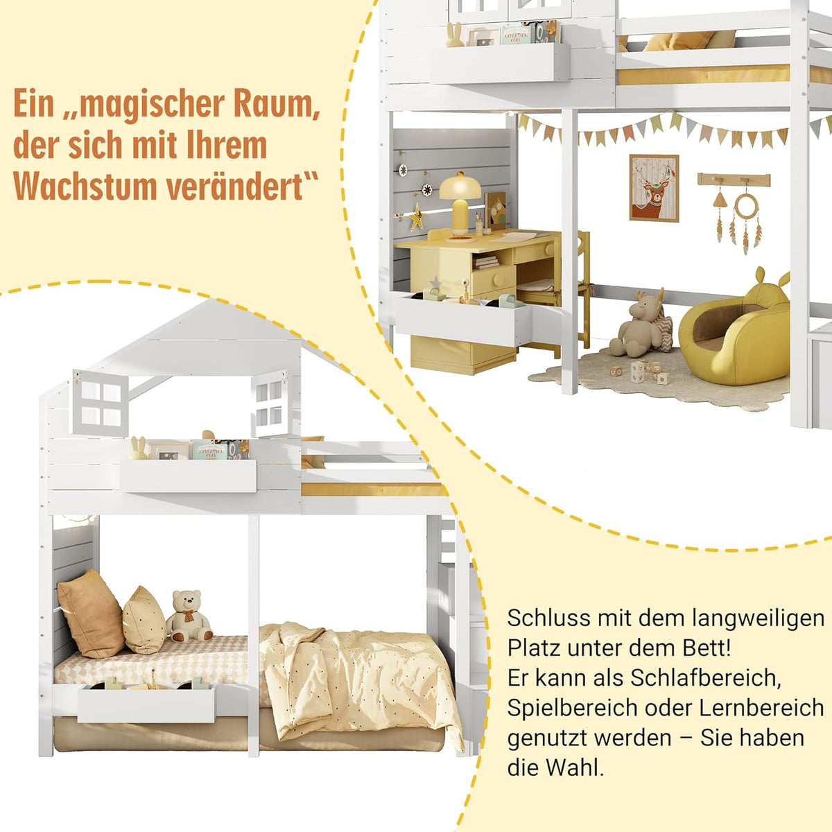 Litera, cama alta, cama infantil 90x200 cm con protección anticaídas y escalera con almacenamiento, cama juvenil, con ventana, madera maciza, blanco