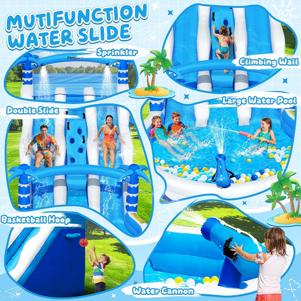 Castillo hinchable XXL con 2 toboganes de agua para uso comercial, adultos y niños, hinchable para interior y exterior con soplador, piscina, tobogán, canasta, sistema de aspersores y pared de escalada, 630x290x285 cm
