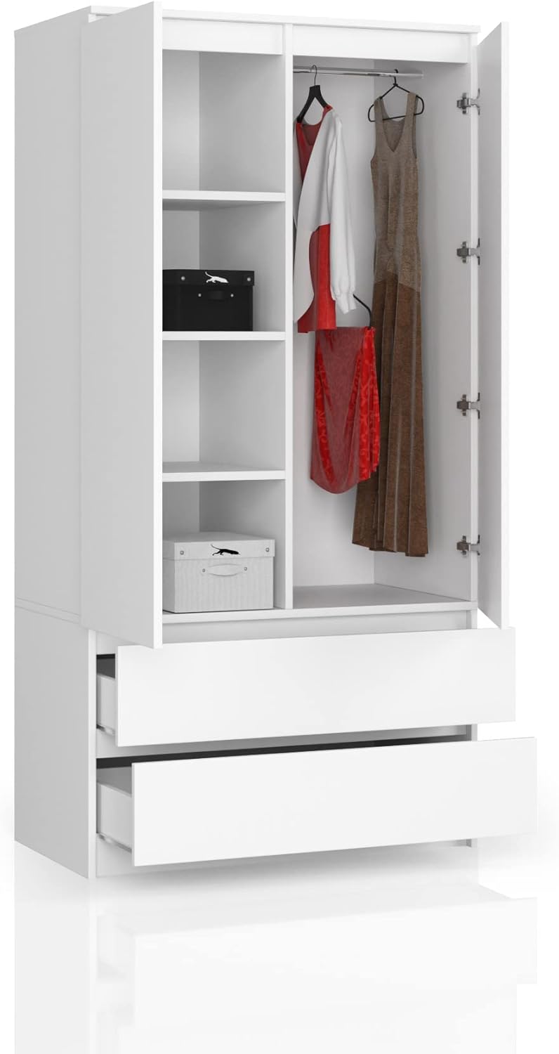 BDW - Armario con cajones - Armario de 90 cm de ancho, 181 cm de alto, 51 cm de fondo - Armario de pasillo de 2 puertas, con barra para ropa y estantes - para dormitorio, niños, pasillo - Negro