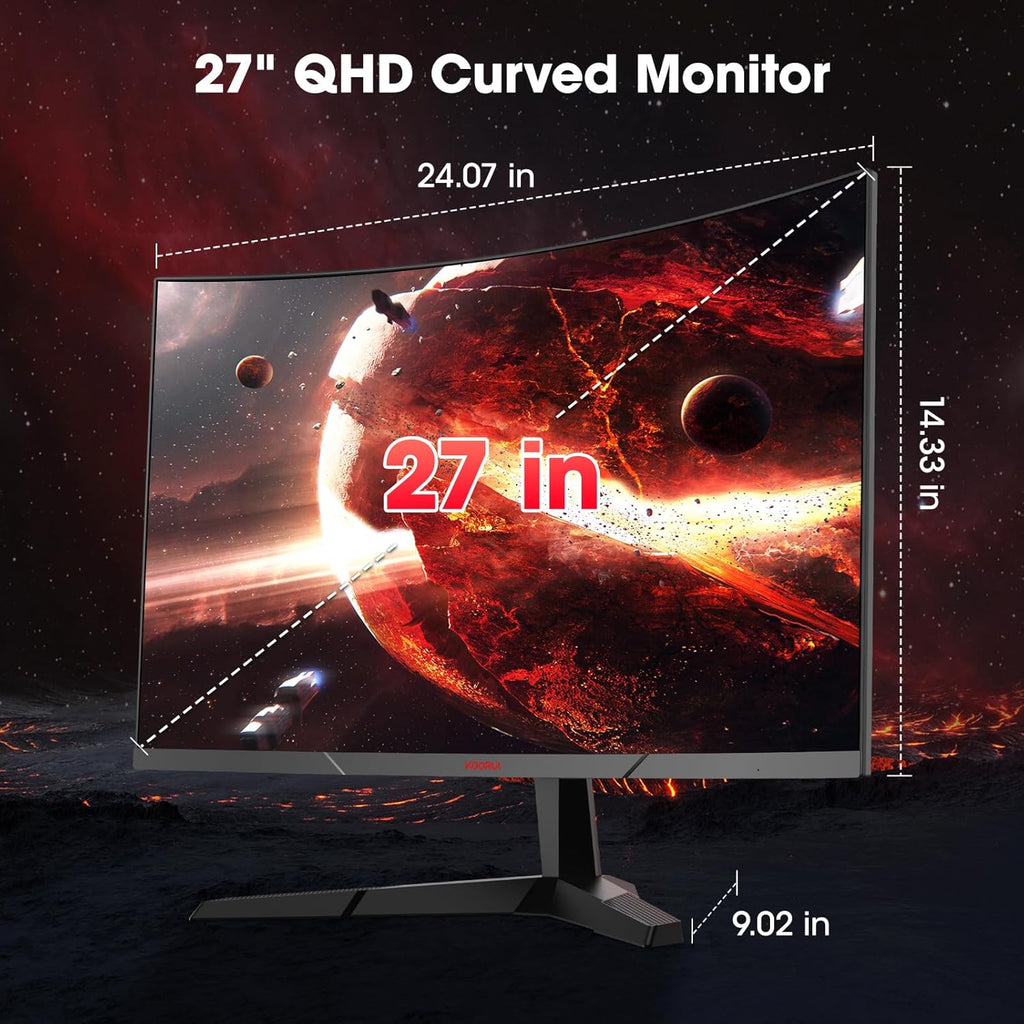 Monitor Gaming Curvo KOORUI de 27'', 1500R, Panel VA, Resolución QHD (2560x1440), 180Hz, 1ms, DCI-P3 85%, Bisel ultradelgado, Inclinación ajustable, Compatible con HDMI/DP