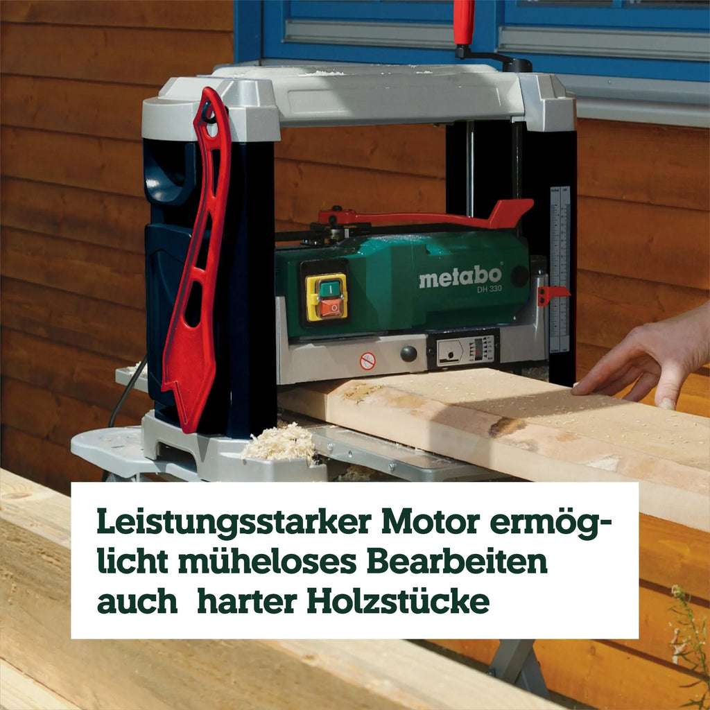 Regruesadora metabo DH 330, portátil, 1800 W, cuchillas HSS, capacidad de paso 330 x 152 mm, boquilla de aspiración, empujador de material