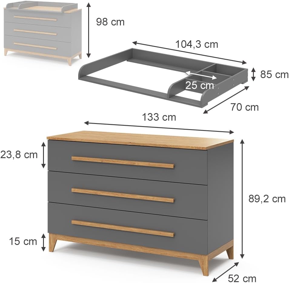 Cambiador VitaliSpa Malia, blanco/roble, 133 x 98 cm XL con 3 cajones