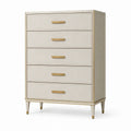 Cómoda de 5 cajones de madera con tiradores de latón, beige