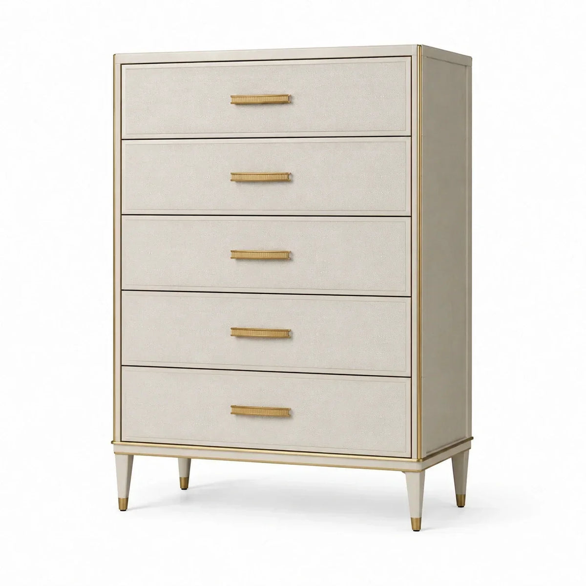 Cómoda de 5 cajones de madera con tiradores de latón, beige