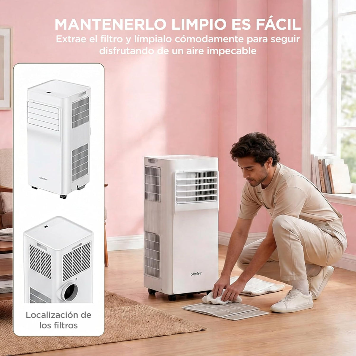 COMFEE Pingüino Aire Acondicionado Portátil 3 en 1 | 8000 BTU/2000 Frigorías con App + Mando a Distancia | Climatizador y Deshumidificador | Bajo Consumo | Función Follow Me | Incluye kit de ventana