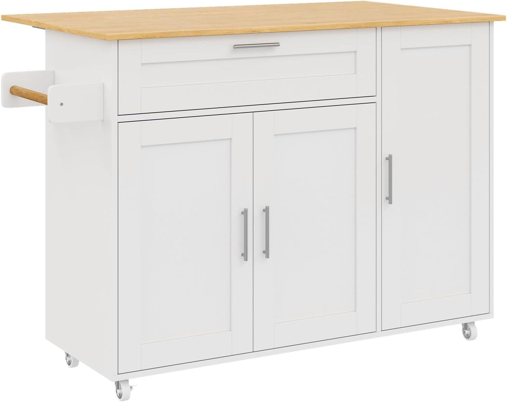 Mesa de cocina móvil, encimera plegable, veteado de roble, armario multifuncional, especiero, toallero, 5 ruedas, blanco, apto para cocina/comedor/hogar