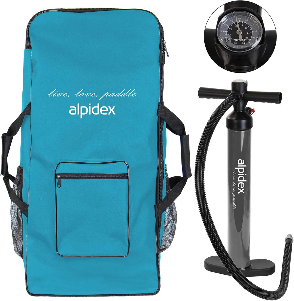 Set de Stand Up Paddle ALPIDEX SUP 305 x 76 x 15 cm Capacidad de carga hasta 150 kg Inflable Estable Ligero Set completo Bolsa de transporte Remo Aletas Bomba de aire Correa Kit de reparación