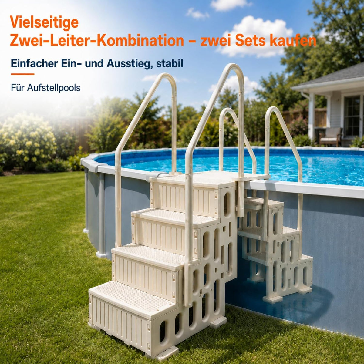 Escalera de piscina de 4 peldaños, escalera de piscina de HDPE blanca con pasamanos doble y antideslizante, capacidad de carga máxima de 180 kg para piscinas desmontables de 122–137 cm, piscina de jardín, piscinas enterradas, familias y personas mayores