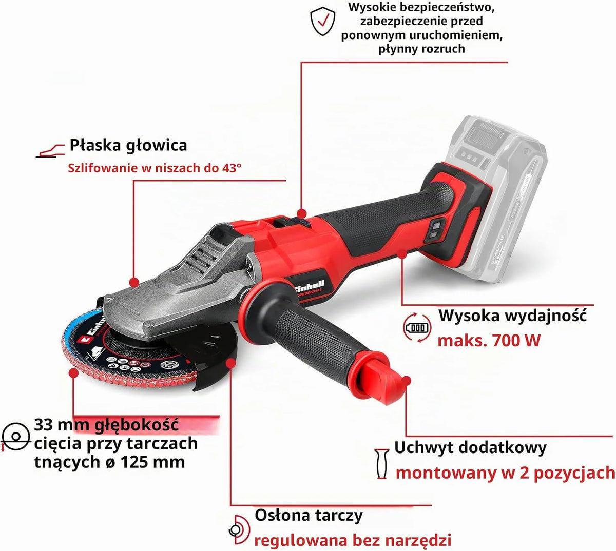 Einhell Profesjonalna akumulatorowa szlifierka kątowa TP-AG 18/125 F Li BL-Solo Power X-Change (18 V, 700 W, średnica tarczy 125 mm, głębokość cięcia 33 mm, bezszczotkowa, w zestawie akcesoria, bez