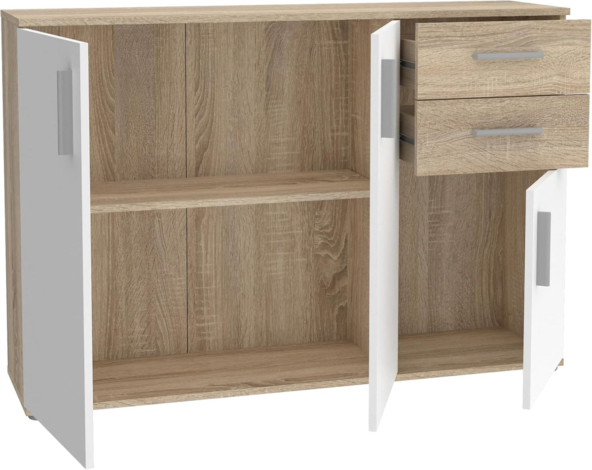 Cómoda Forte IKOLI 120, cómoda moderna, 3 puertas, 2 cajones, salón/dormitorio, pasillo, madera derivada, blanco con decoración de roble Sonoma, 119,6 cm de ancho x 81,7 cm de alto x 31,4 cm de fondo