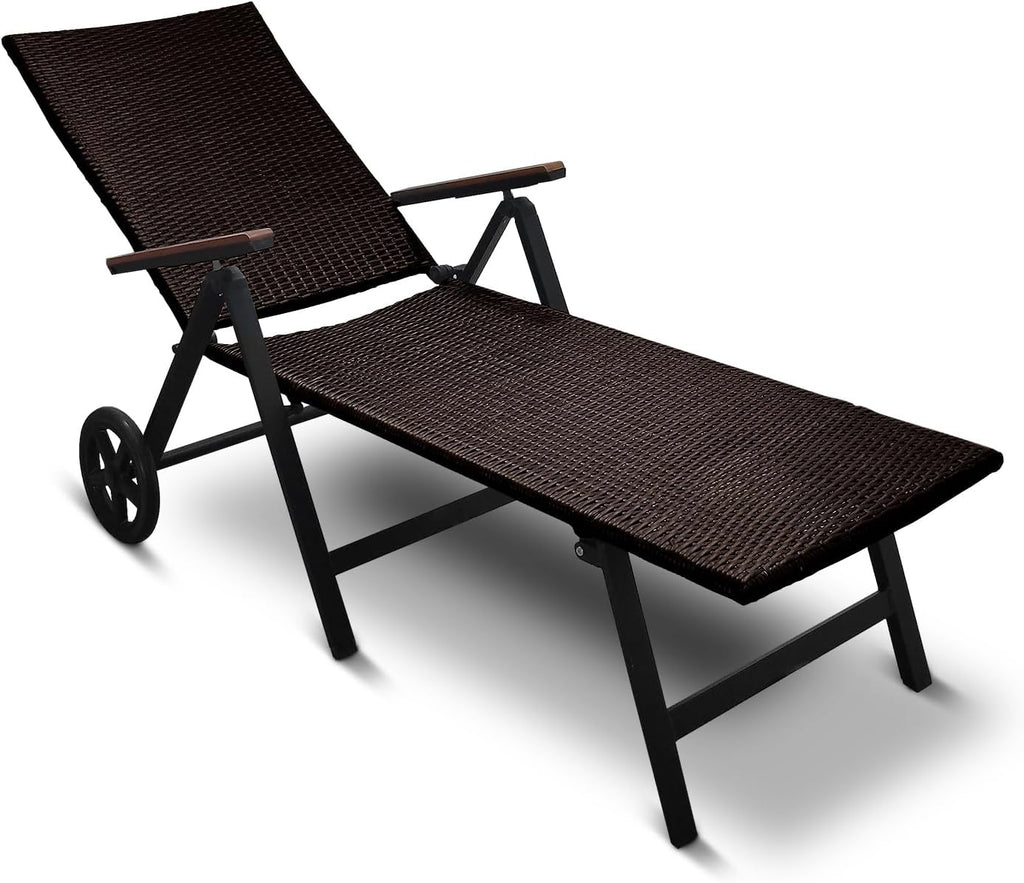 Tumbona plegable de aluminio y ratán sintético, 120 kg de capacidad, color marrón, nueva