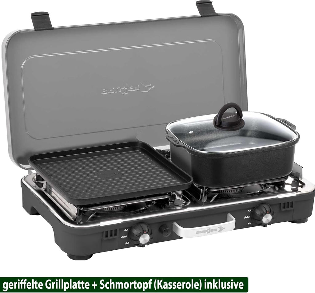 BRUNNER: Hornillo de camping de mesa 2 en 1 de 2 fuegos de acero inoxidable, barbacoa de gas y cocina de gas - POWERKOOK 50mbar con 1 cacerola + 1 plancha - con regulador de gas y manguera de gas
