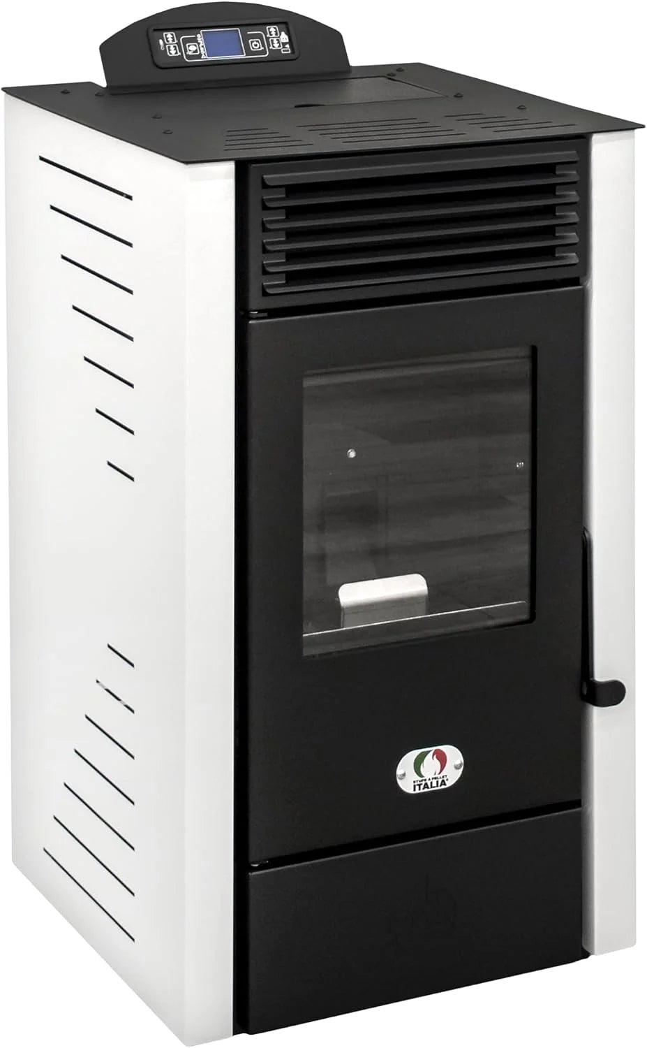 STUFE A PELLET ITALIA California 8 kW, wydajność, 91% ogrzewanie, 70 m², czas pracy 20 h, programowalny 5 prędkości i mocy, kompaktowa konstrukcja, 24 miesiące, biały