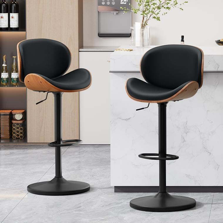 Set de 2 taburetes de bar, silla de bar ajustable en altura de piel sintética y madera maciza, silla giratoria 360° con respaldo y reposapiés para cocina, sala de estar, comedor, bar, negro