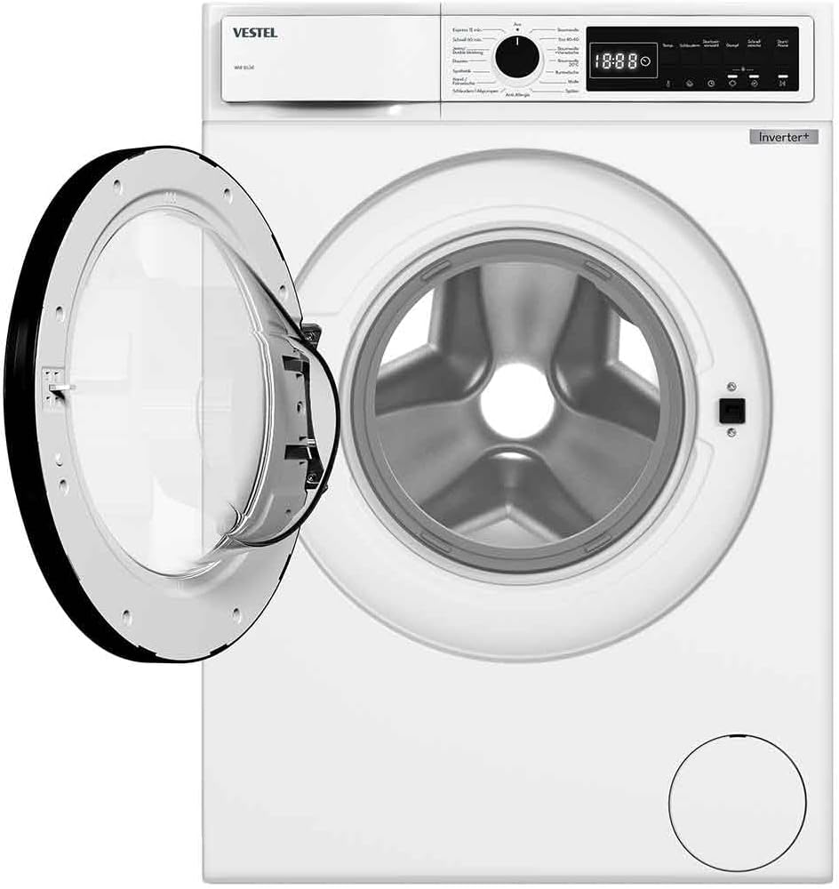 Lavadora VESTEL WMI 86341 8 kg de carga frontal – 1400 rpm, clase de eficiencia energética A, motor inverter, función de vapor, AquaStop, silenciosa, de libre instalación, blanco