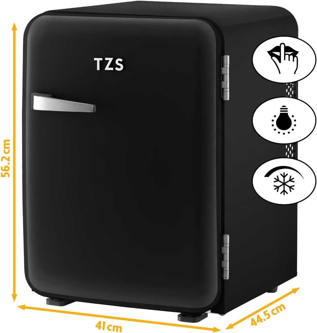 TZS First Austria - Mini nevera retro 40L silenciosa - Pequeño minibar de diseño vintage con luz interior y 2 compartimentos en la puerta - Minibar para camping, oficina, dormitorio y hotel - negro