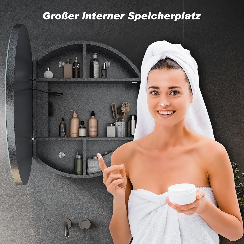 SONNI Armario de baño con espejo e iluminación, 3 colores de luz ajustables, antivaho, armario de baño redondo con enchufe, armario de baño con espejo y estante, botiquín 60 cm gris oscuro