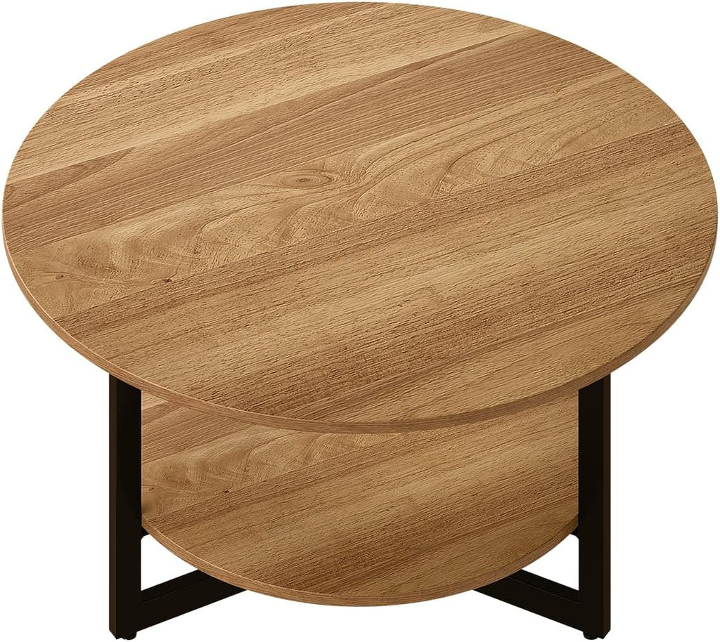 Mesa de centro red onda skølm Drakkar Ø70 cm – Mesa de salón de madera maciza de roble y estructura de metal – Mesa de sofá con 2 estantes – Mesa auxiliar pequeña aceitada – Mesa de madera para salón con espacio de almacenamiento – Mesa de centro