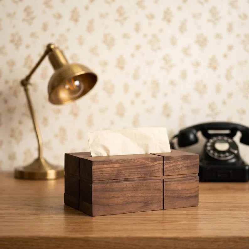 Caja para pañuelos de madera maciza de nogal estilo retro, 20x13x10 cm, decoración de mesa, accesorios para el hogar