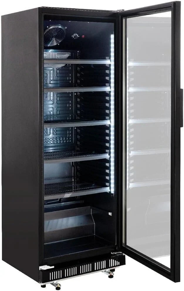 Refrigerador de bebidas GK-360BB 360 L con puerta de cristal, iluminación LED, cerradura y refrigeración por aire circulante para hostelería