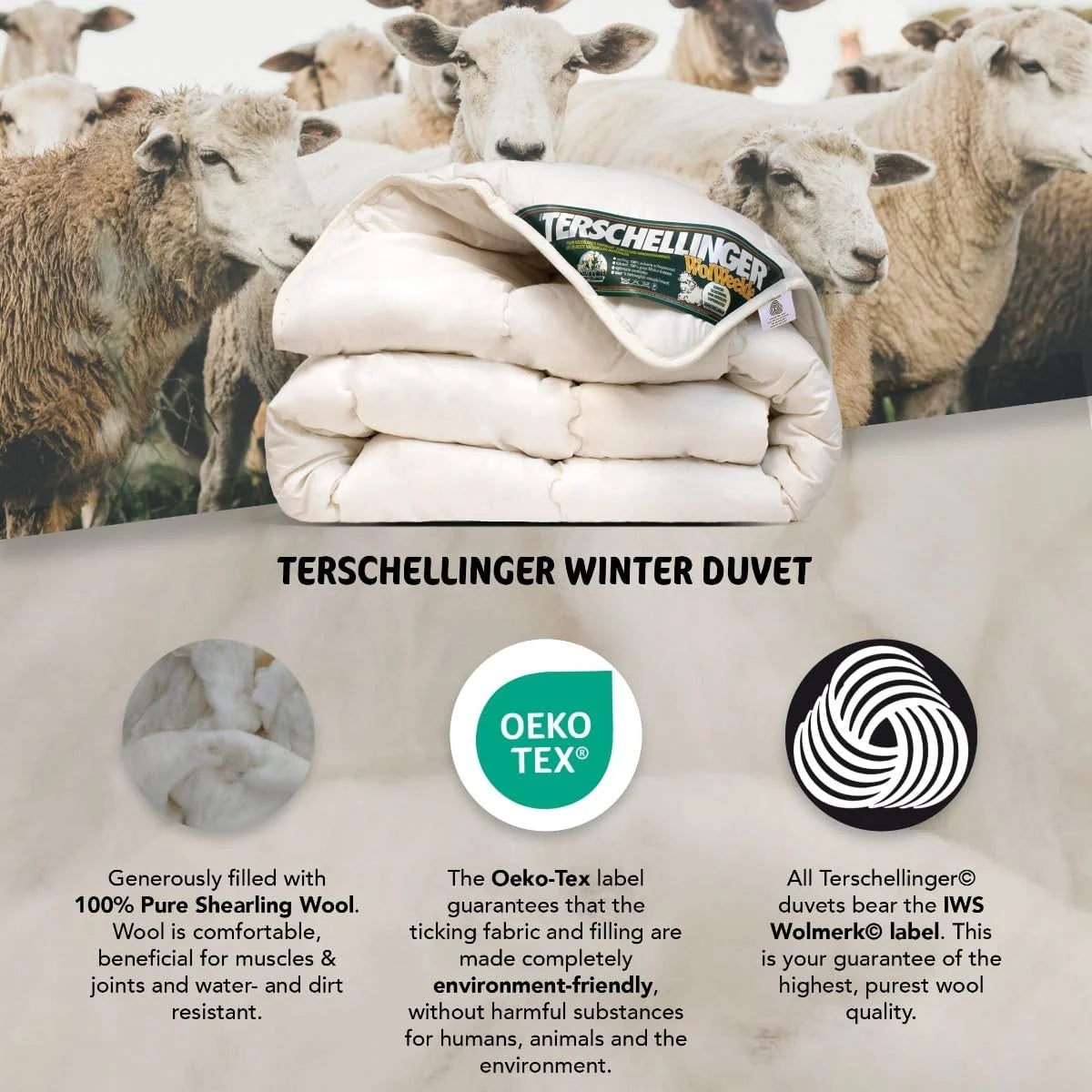 Terschellinger | Zimowa kołdra wełniana | 100% IWS czysta wełna strzyżona, kołdra pojedyncza | 240x220 cm (extra długa)