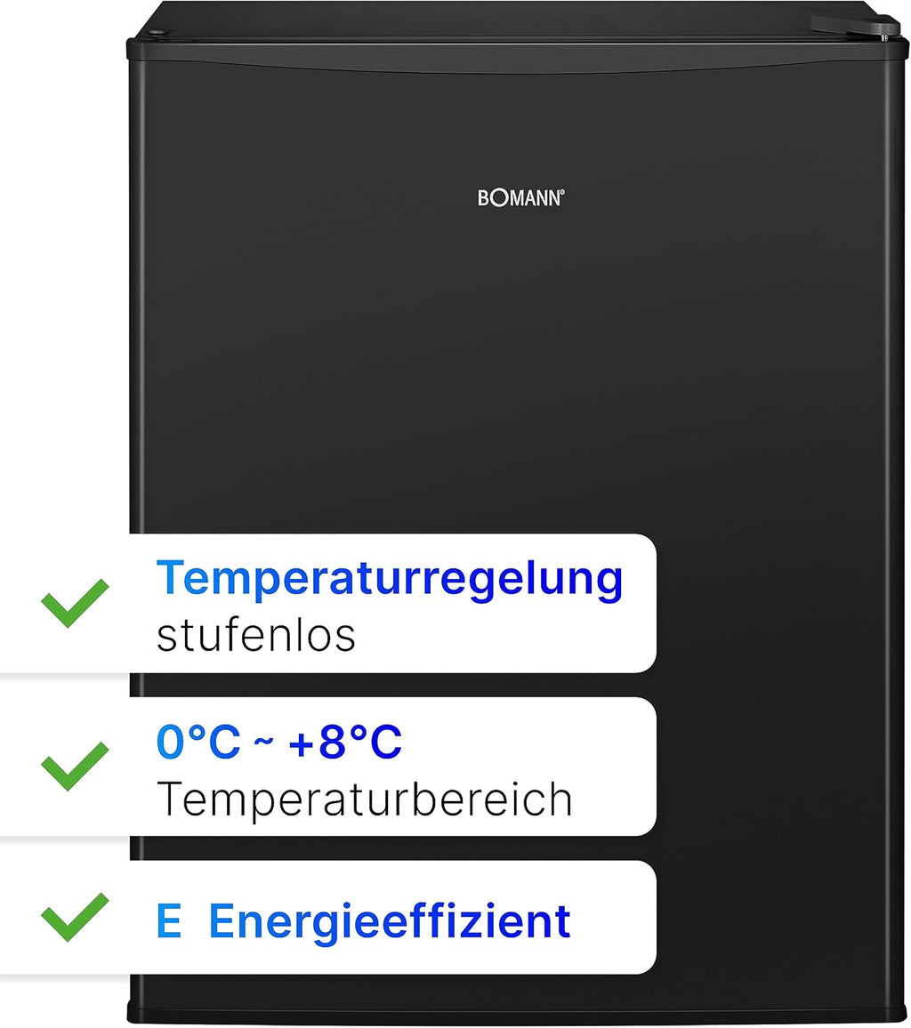 Mininevera Bomann con 58 litros de capacidad útil | Frigorífico pequeño con 2 estantes de cristal extraíbles | Minibar con regulación de temperatura continua y sentido de apertura de puerta reversible | KB 7347 negro
