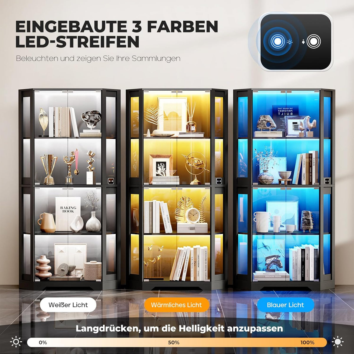 Vitrina esquinera BROTTAR con puertas de cristal, estantería esquinera alta de 165 cm con iluminación LED de 3 colores, armario expositor de 4 niveles con sensor inteligente para salón, dormitorio u oficina, negro