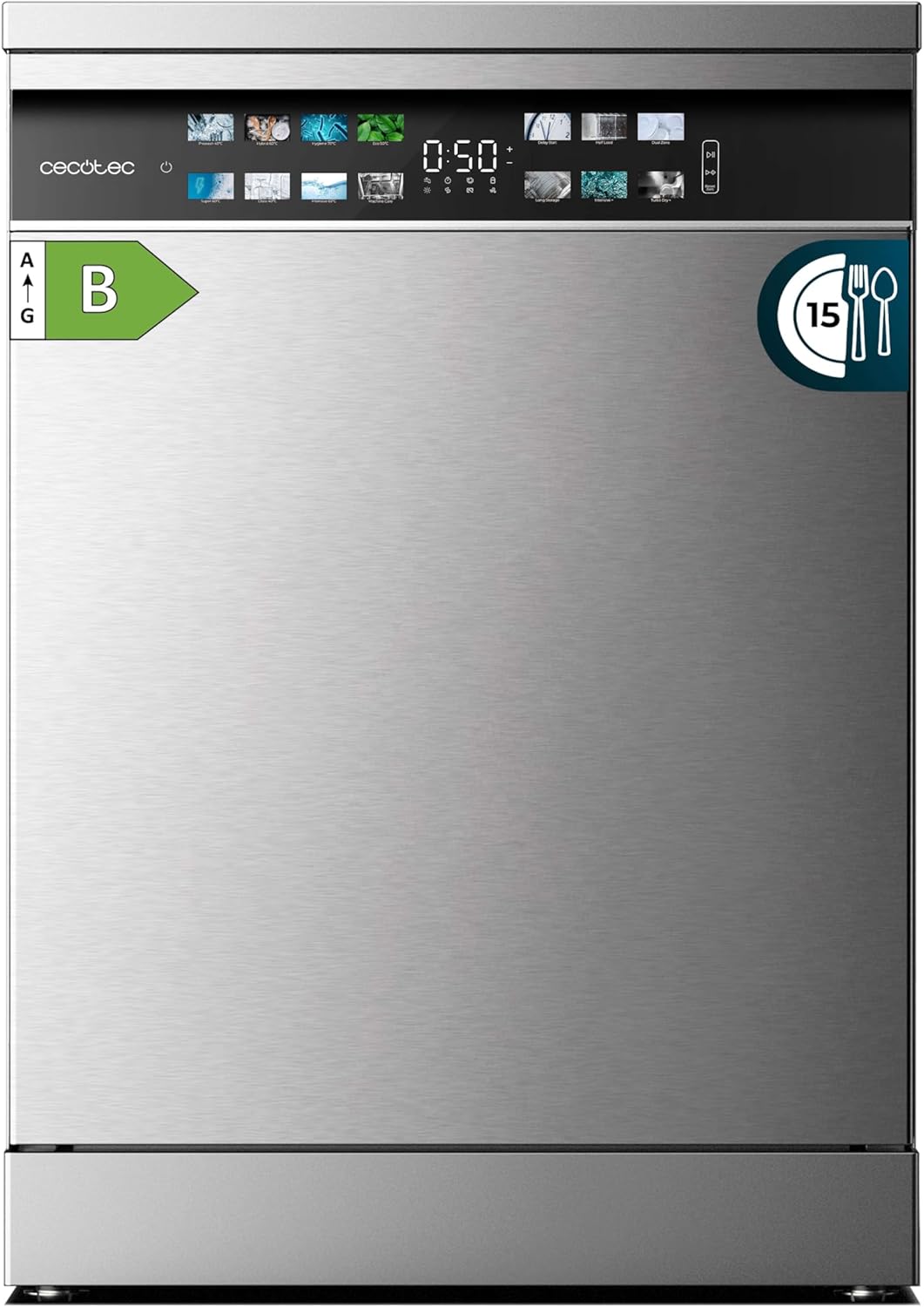 Lavavajillas Cecotec 60cm Bolero Aguazero 6700 Inox B Lavavajillas de acero inoxidable, 15 cubiertos, Clase B, Motor Inverter Plus, O2 Dry, lavado de doble zona, bandeja ajustable, almacenamiento largo y Turbo Dry+.