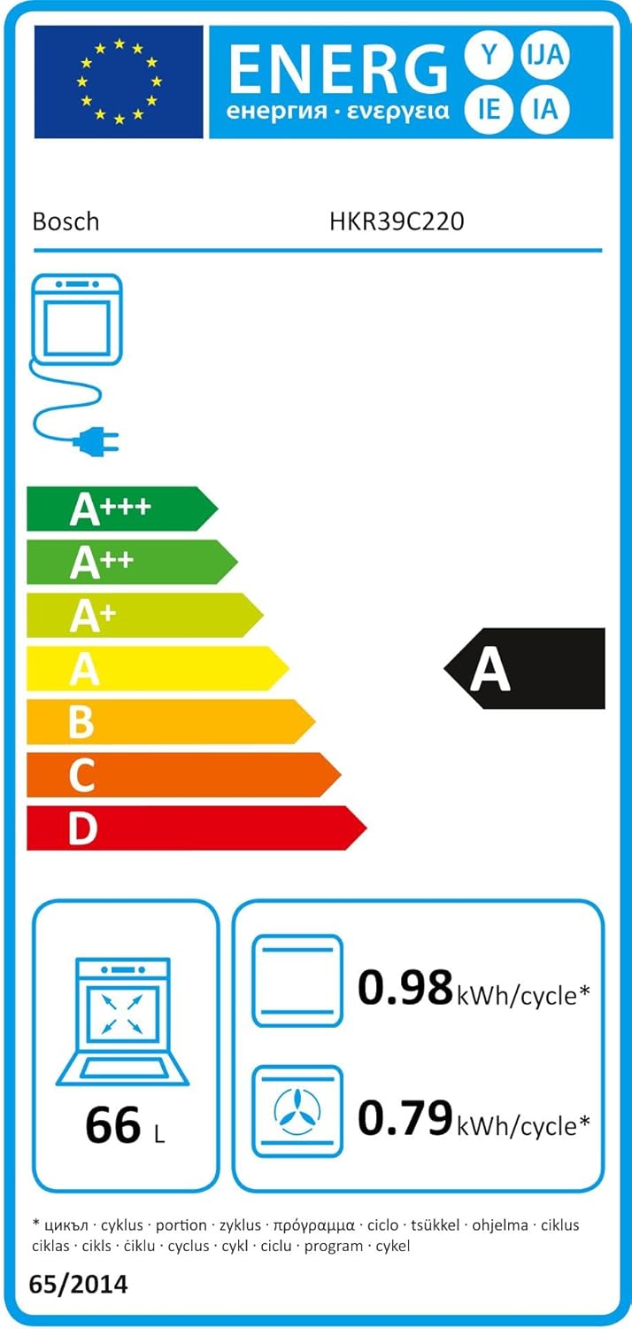 Cocina eléctrica de libre instalación Bosch Serie 4 HKR39C250, 60 cm de ancho, asistente de limpieza EcoClean Direct, aire caliente 3D para hornear en 3 niveles, control por pantalla LED, zona de cocción ampliable para recipientes grandes