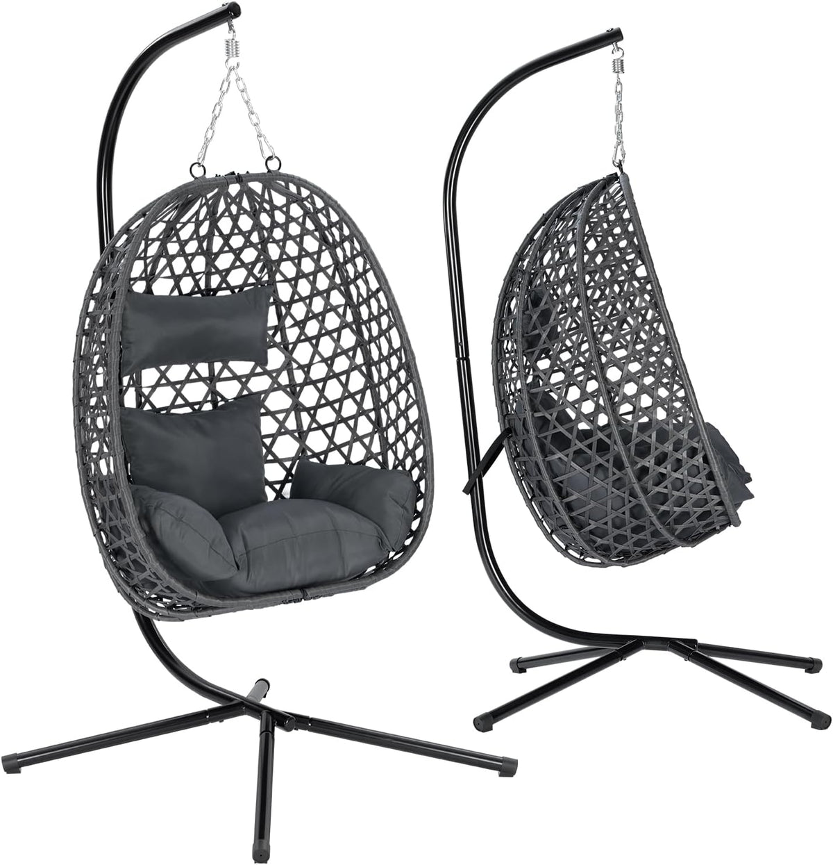 Silla colgante WOLTU con soporte, carga hasta 150 kg, silla colgante de ratán PE, con cojín de asiento y reposacabezas, para interior y exterior, gris