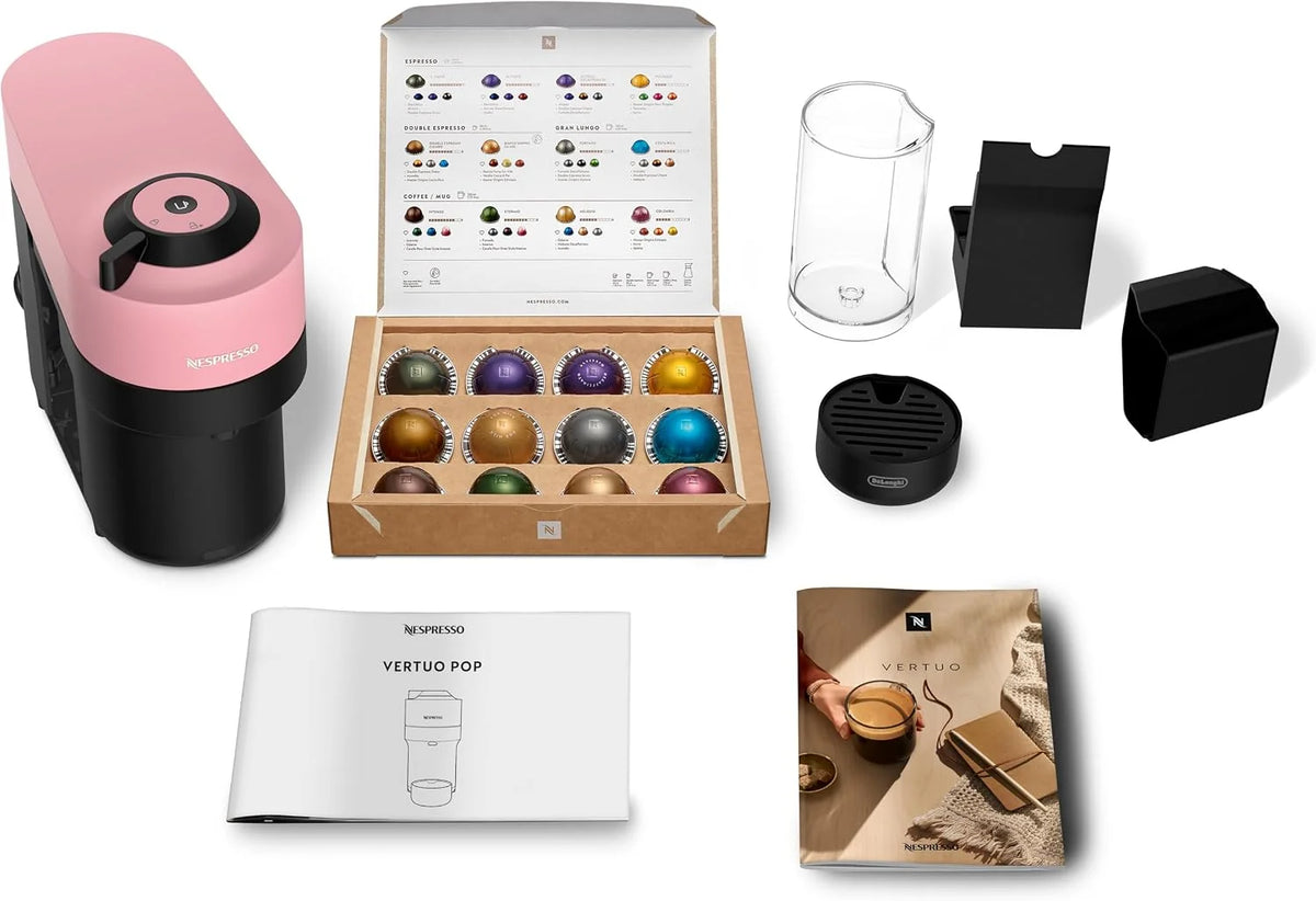 Nespresso De'Longhi Vertuo Pop ENV90.P, ekspres do kawy na kapsułki, funkcja Cold Brew, 4 rozmiary filiżanek, łączność Bluetooth i Wi-Fi, 1 filiżanka do kawy z pakietem powitalnym, różowy