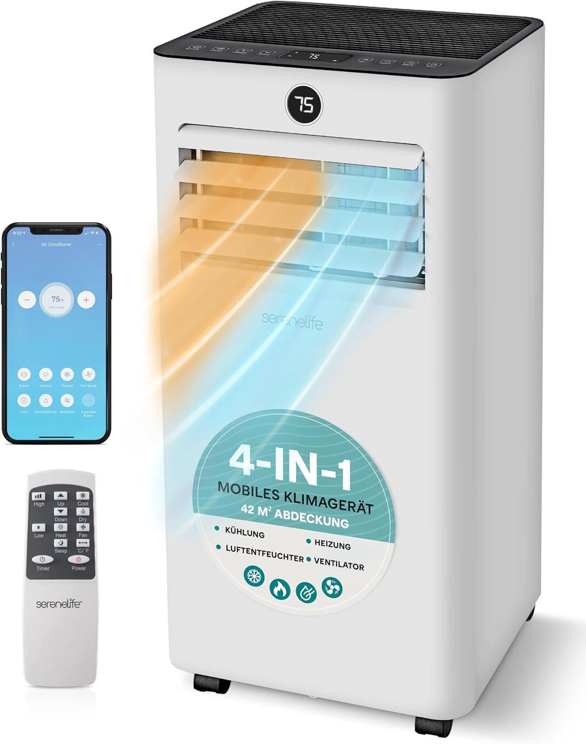 SereneLife Mobile Klimaanlage 9000BTU mit Abluftschlauch, 4-in-1 Klimagerät mit WLAN, Kühlen, Heizen Ventilator und Entfeuchter, bis 31 m², 24h Timer, 55dB, Inkl. Fensterkit, für Zuhause, Büro