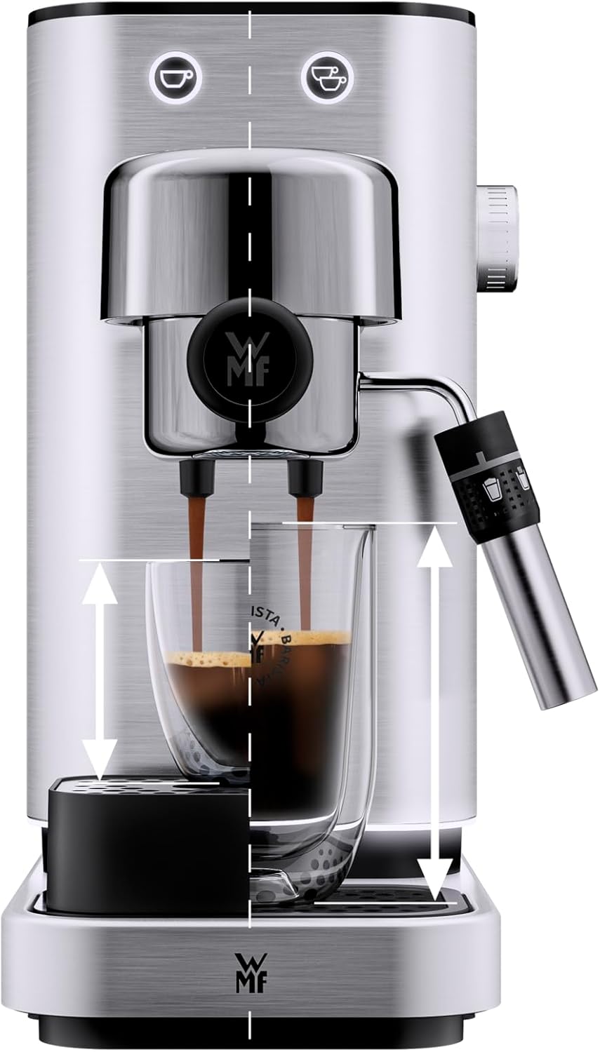 Cafetera espresso de brazo WMF Lumero 1400 vatios, máquina de café espresso, 3 filtros, para 1-2 tazas de espresso, también para monodosis, 15 bares, superficie calientatazas, boquilla para espuma de leche, acero inoxidable mate