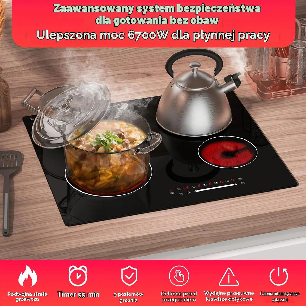 ALEMANIA Płyta ceramiczna 60 cm z 4 polami grzewczymi i podwójną strefą, dotykowym sterowaniem z regulacją mocy, elektryczna płyta grzewcza na podczerwień do zabudowy 6700 W 230 V