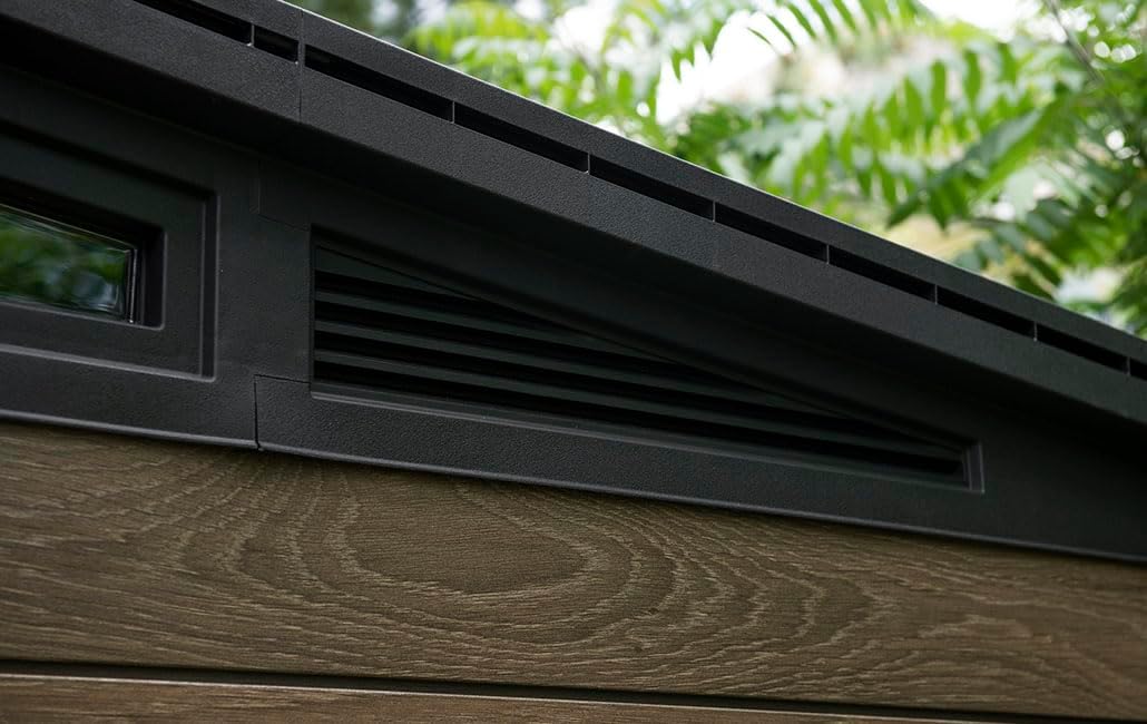 Caseta de jardín Keter Signature 11x7, cobertizo de resina con aspecto de madera, 340x218x226 cm, con cerradura y suelo incluido