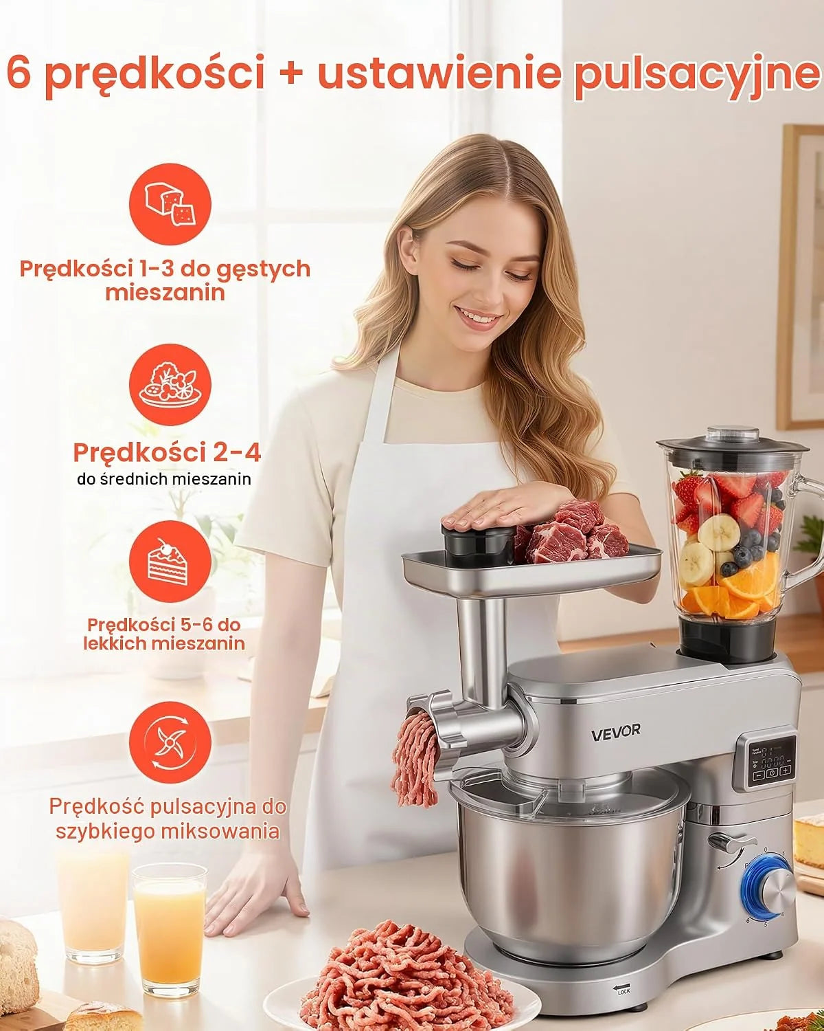 VEVOR Wielofunkcyjny robot kuchenny elektryczny 1500 W, z miską ze stali nierdzewnej (5,7 l) i kubkiem do miksowania (1,5 l), ugniatarką, mikserem do ciasta z prędkością 6+p, hakiem do zagniatania
