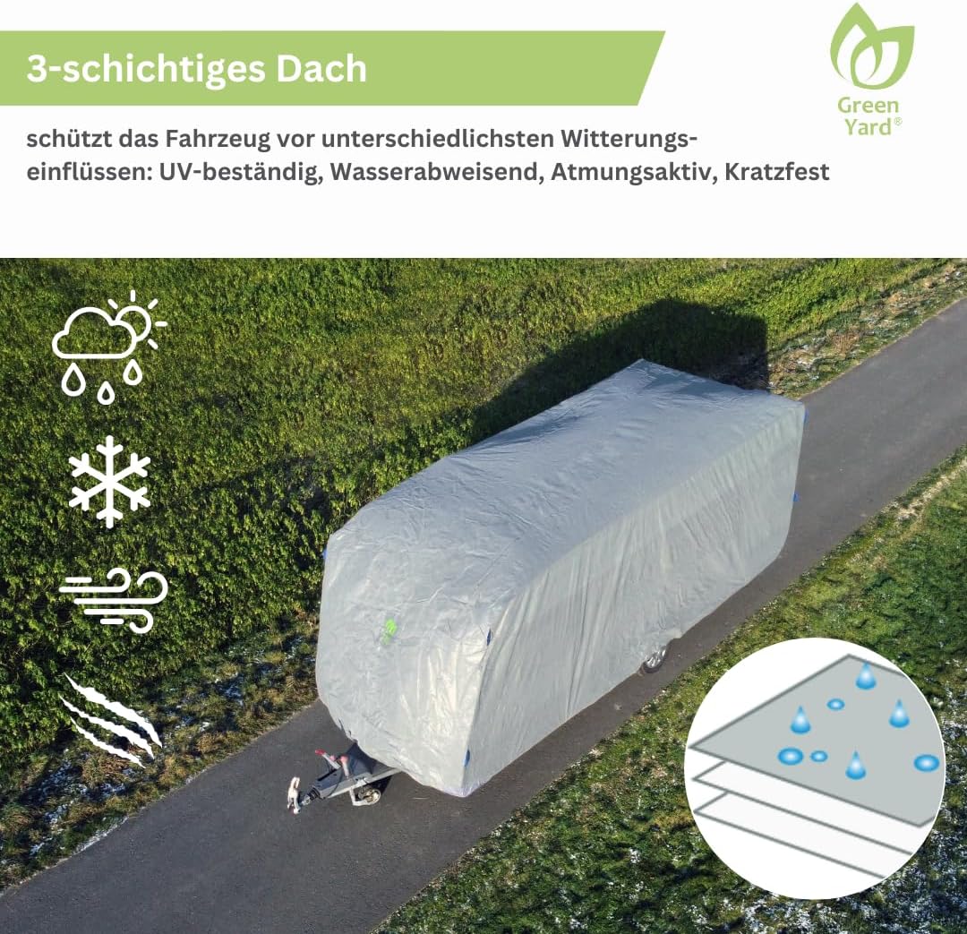 GreenYard® Lona de protección para caravanas o autocaravanas | Talla S 460 x 250 x 220 cm | Funda de camping | Protección contra el polvo y la humedad | Transpirable | Duradera