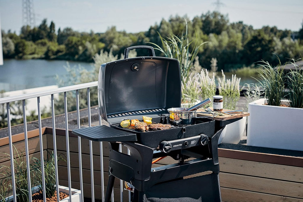 EndersGasgrill Urban II Pro, parrilla de mesa, función de asado, cocción y horneado, 2 quemadores de acero inoxidable, con termómetro para parrilla, parrilla para balcón y camping, carcasa de aluminio fundido, rejilla de hierro fundido, #2062