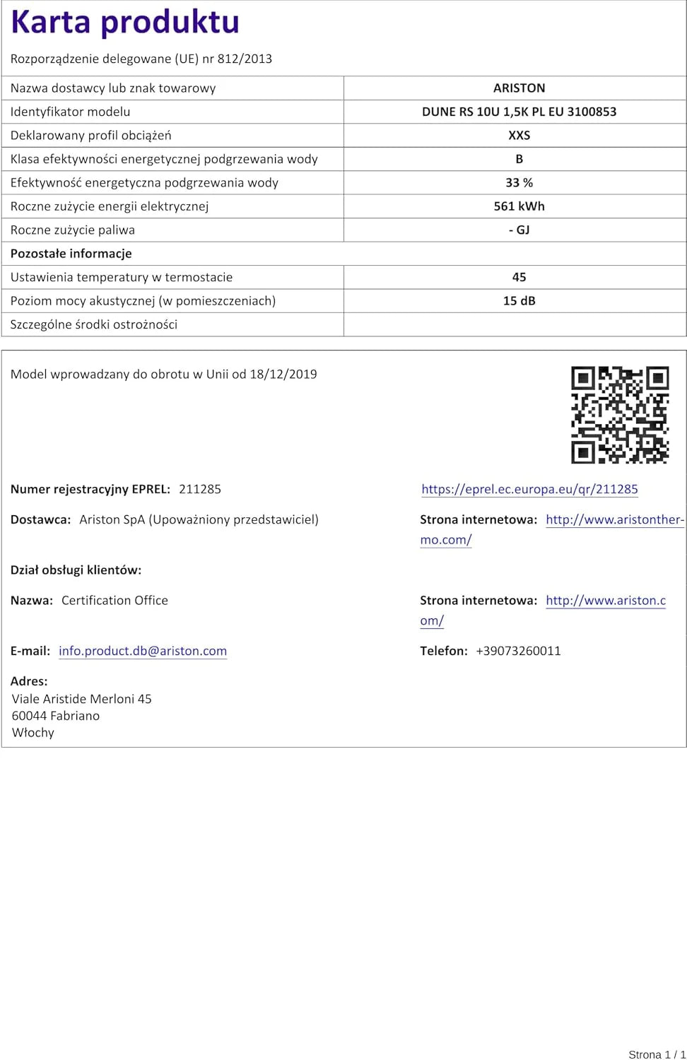 Ariston Dune RS 10 Litrów 3100853 Pod Umywalkowy Podgrzewacz Wody Bojler Elektryczny. Przeznaczony do instalacji w Polsce