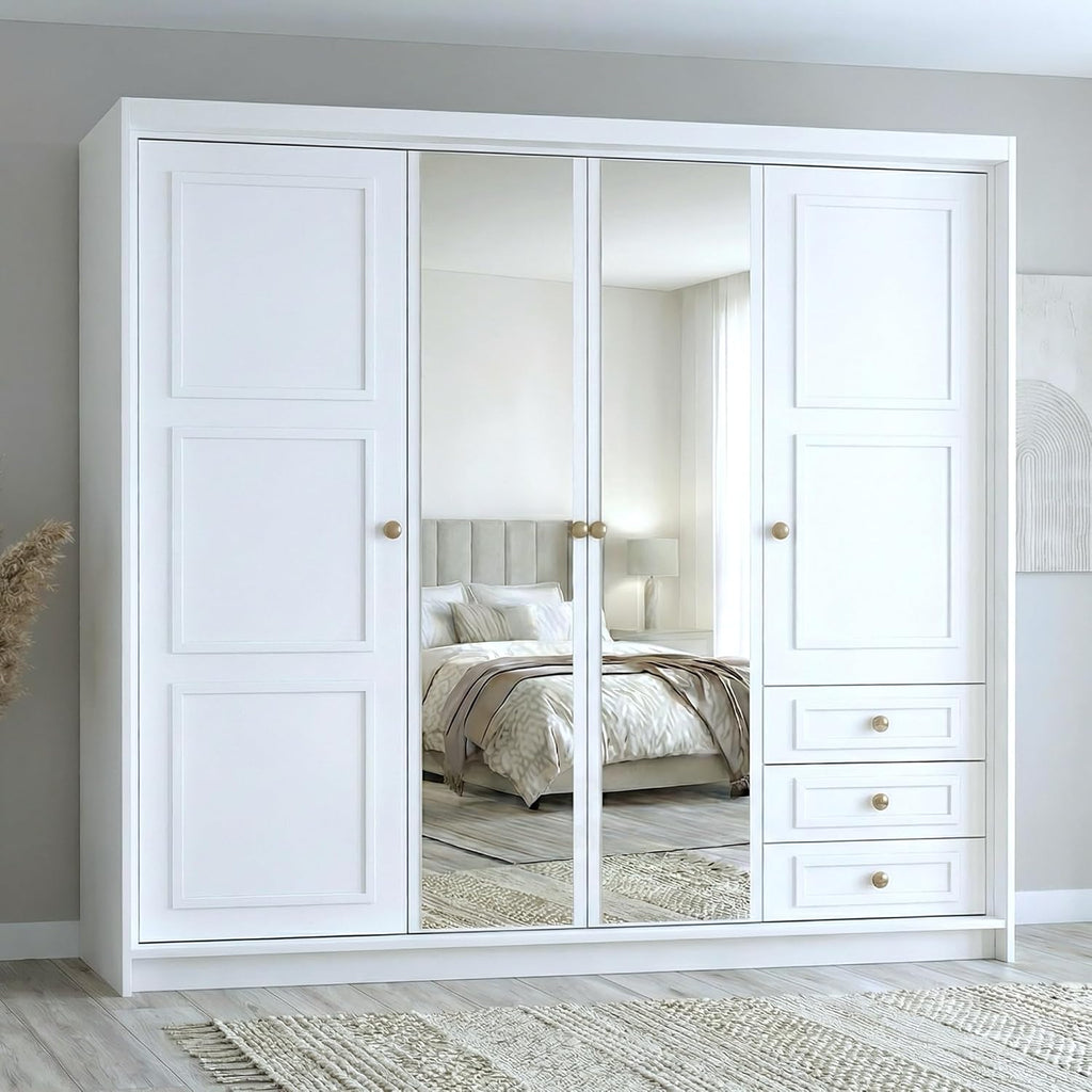 Armario de 4 puertas A und J MöbelLand Oslo con 3 cajones - 200 x 215 cm - Armario de puertas batientes con barra para colgar ropa y estantes, diseño moderno con tiradores de metal