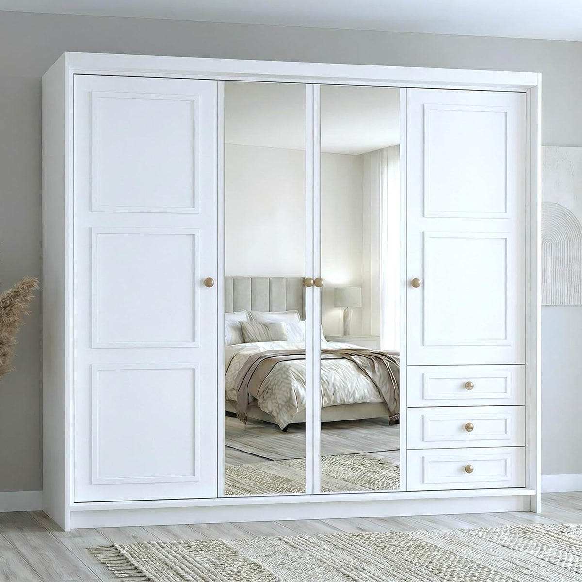 Armario de 4 puertas A und J MöbelLand Oslo con 3 cajones - 200 x 215 cm - Armario de puertas batientes con barra para colgar ropa y estantes, diseño moderno con tiradores de metal