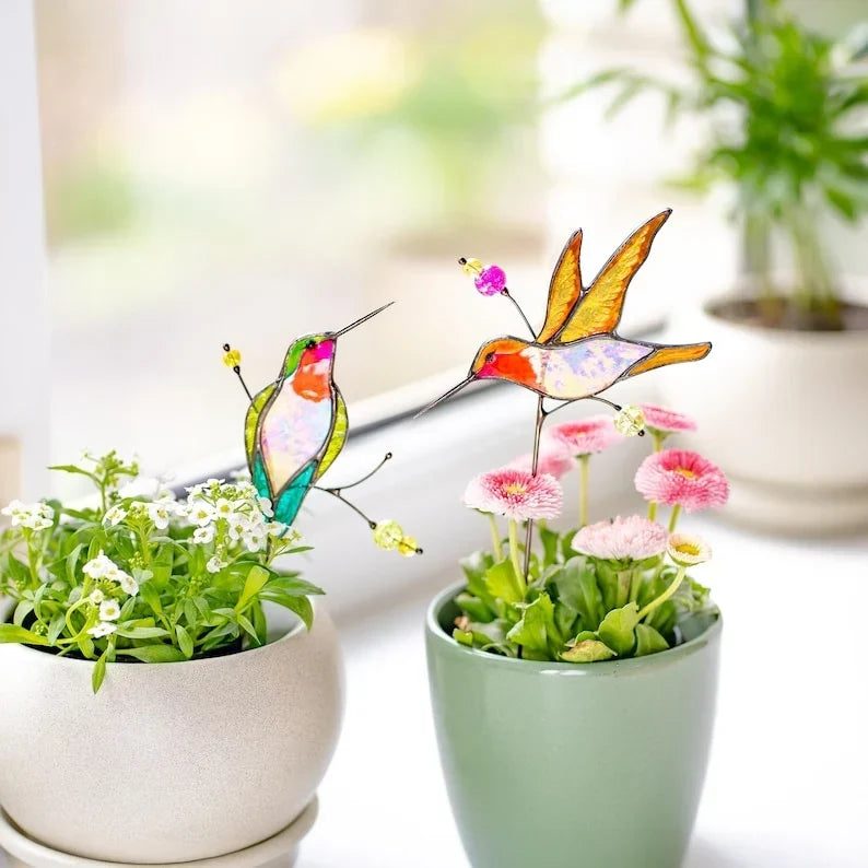 Set de estacas para plantas de colibrí de cristal, decoración floral para interiores, pintado a mano