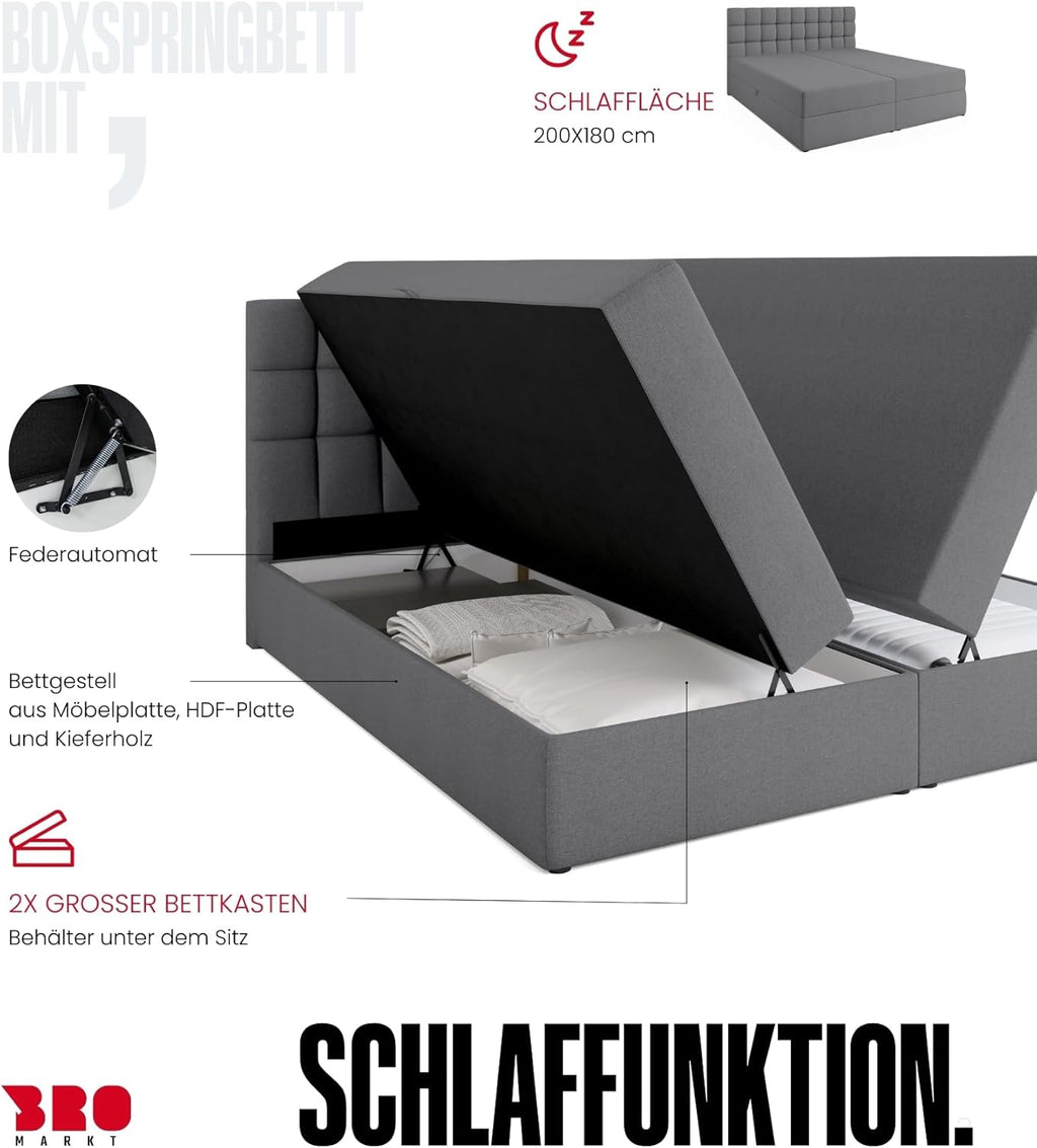 Cama boxspring BROMARKT con arcón, cama tapizada con colchón Bonell y topper, cama para dormitorio con cabecero acolchado Dakota, muelles Bonell, 180x200, grado de firmeza H3, gris Malmo