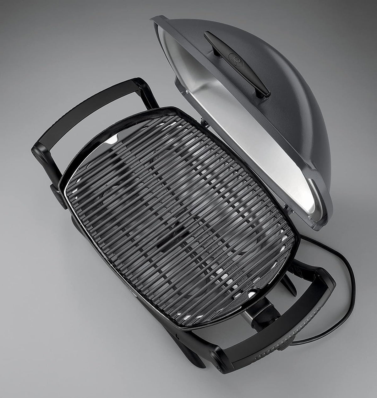 Barbacoa eléctrica Weber Q2400 con soporte y mesas laterales, superficie de cocción de 54 x 39 cm, portátil, parrilla de cocción de hierro fundido vitrificado dividida en 2 partes, tapa y cuerpo de aluminio fundido - Gris oscuro (55020879)