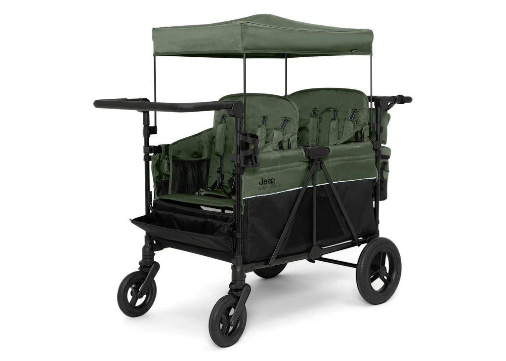 Jeep Wrangler Deluxe Stroller Wagon for 4 Kids – Removable Canopy, Cooler Bag, Modular Seats, XXL Storage, All-Terrain Tires, Adjustable Handlebars