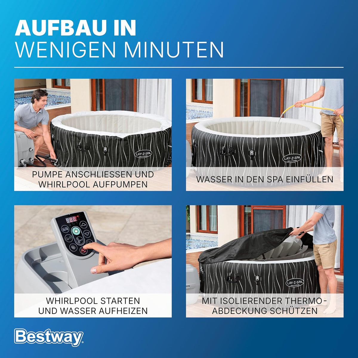 Jacuzzi inflable LED Bestway Lay-Z-Spa Hollywood para 6 personas, Ø 196x66 cm | 140 chorros AirJet, tira de luces LED con control remoto, calefacción hasta 40°C, 4 cojines de espuma