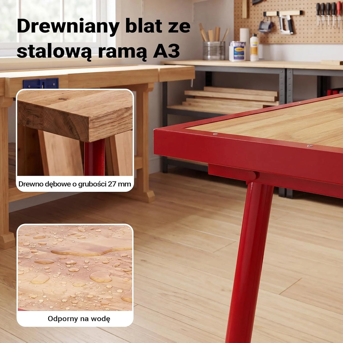 Wiltec Stół warsztatowy składany 120 x 62,5 x 83 cm, stelaż czerwony, przenośne stanowisko do pracy do 300 kg nośności