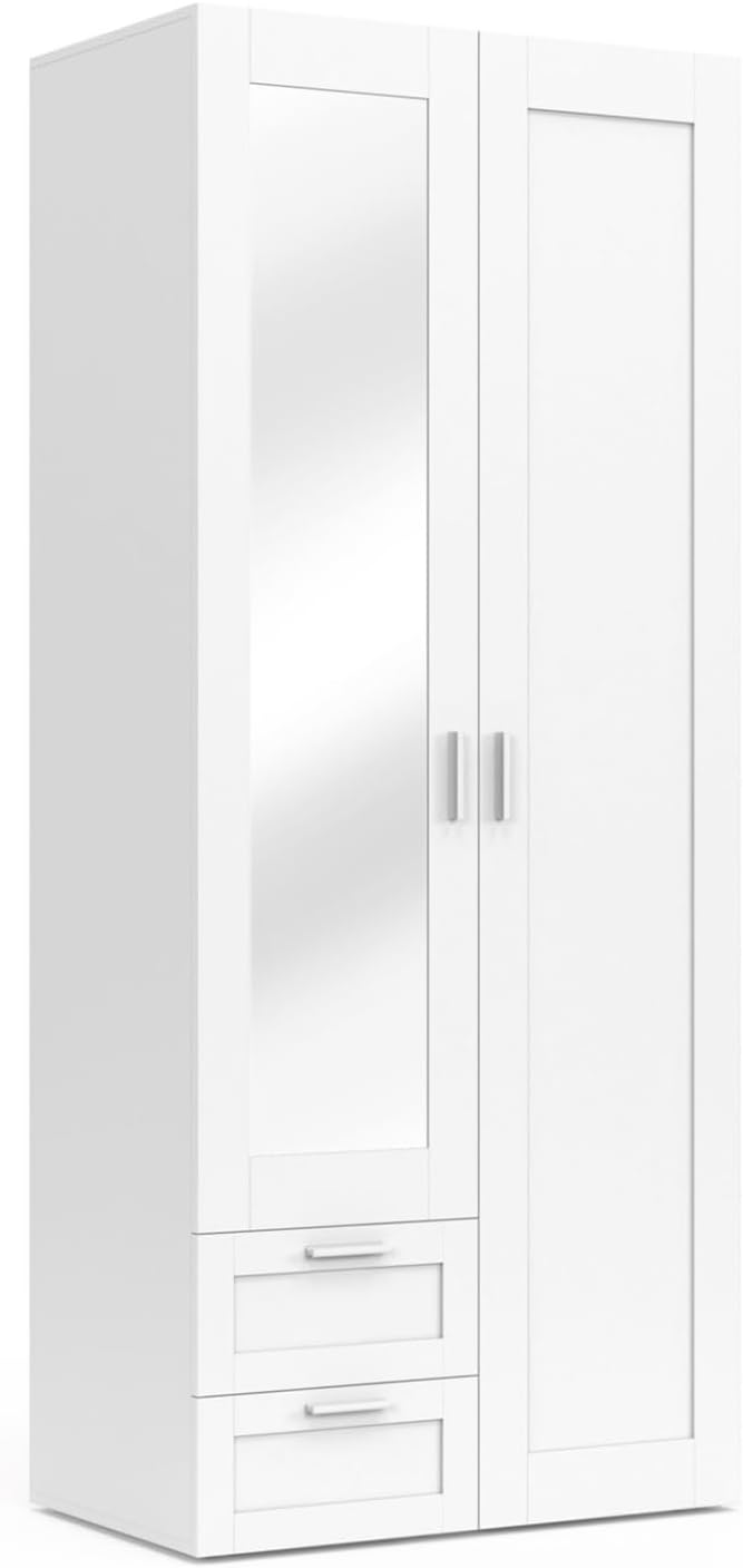 IDMarket - Armario VITO de 2 puertas blanco de 80 cm con 2 cajones, espejo y estantes